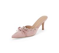 Coutgo Women's Bow Tie Mule Heels Pointed Toe Studded Backless Stilettos Slip On Dress Pump Shoes, Pink, 8 UK