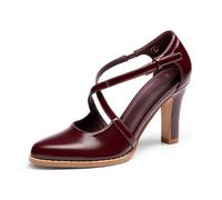 Coutgo Womens Chunky High Heels Dress Shoes Closed Pointed Toe Cross Strap Buckle Pumps Vintage D'Orsay Party Shoes, Wine Red, 5 UK