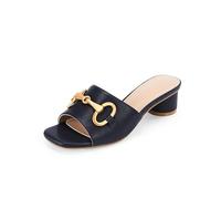 Coutgo Womens Heeled Slides Sandals Square Open Toe Slip on Comfortable Mules Block Low Heel Metal Chain Dressy Shoes, Navy, 6.5