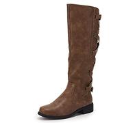 Coutgo Womens Lace Up Knee High Boots Motorcycle Riding Flat Low Heels Strappy Winter Combat Boots, Brown, 10