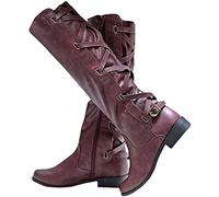 Coutgo Womens Lace Up Knee High Boots Motorcycle Riding Flat Low Heels Strappy Winter Combat Boots, Burgundy, 7 UK