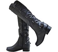 Coutgo Womens Lace Up Knee High Boots Motorcycle Riding Flat Low Heels Strappy Winter Combat Boots, Black, 7 UK