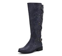 Coutgo Womens Lace Up Knee High Boots Motorcycle Riding Flat Low Heels Strappy Winter Combat Boots, Navy, 8