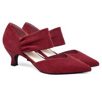 Coutgo Womens Low Kitten Heel Dress Shoes Pointed Toe Slip on Ankle Strap Cutout Elegant Party Wedding Pumps, Wine Red, 9 UK