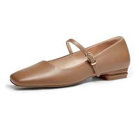 Coutgo Women's Mary Jane Flats Closed Square Toe Ballet Flat Dressy Comfortable Slip on Shoes, Light Brown Pu, 7