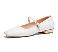 Coutgo Women's Mary Jane Flats Closed Square Toe Ballet Flat Dressy Comfortable Slip on Shoes, White Pu, 9