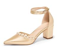 Coutgo Womens Pearl Chunky Heels Wedding Shoes for Bride Closed Pointed Toe Ankle Strap Satin Pumps, Champagne Gold, 9 UK