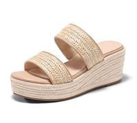 Coutgo Womens Platform Wedge Sandals Espadrilles Two Band Open Toe Heels Summer Beach Vacation Shoes, Khaki, 9.5