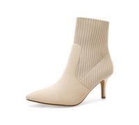 Coutgo Women's Pointed Toe Ankle Boots Stiletto Kitten Heel Knit Faux Suede Winter Sock Booties, Beige Suede, 9 UK