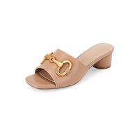 Coutgo Women's Slide Sandals Square Open Toe Slip on Comfortable Mules Block Low Heel Metal Chain Dressy Shoes, Khaki, 8 UK