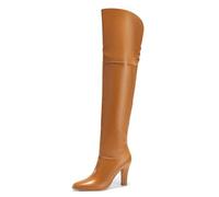 Coutgo Womens Thigh High Boots Pointed Toe Chunky Heel Wide Calf Over the Knee Boots Winter Shoes, Light Brown, 7.5