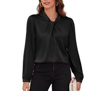 COUXILY Womens Satin Silk Blouses Business Casual Dressy Elegant Shirts Mock Neck Long Sleeve Twist Front Office Work Tops, Black, L
