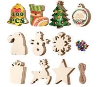 COVACURE 100 PCS Christmas Wooden Ornaments, 10 Different Shapes Christmas Crafts Unfinished Wood Slices with 100PCS Cords and 50PCS Bells for Christmas Tree Decoration
