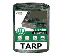 COVALL Camouflage Large Tarpaulin 5.5m x 8m, 115GSM Waterproof Heavy Duty Tarp, Ground Sheets for Camping, UV & Wind Resistant, Reinforced Eyelets Multi-Purpose Outdoor Camo Cover