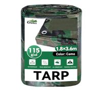 COVALL Camouflage Tarpaulin 1.8m x 3.6m, 115GSM Waterproof Heavy Duty Tarp, Ground Sheets for Camping, UV & Wind Resistant, Reinforced Eyelets Multi-Purpose Outdoor Camo Cover