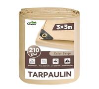 COVALL Heavy Duty Tarpaulin 3x3m（Finished Size）, 210g/m² Beige - Waterproof Ground Sheet with Reinforced Eyelets, UV Protection, Weather & Frost Resistant for Multipurpose Use