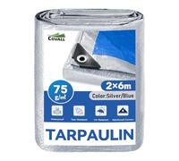 Covall Tarpaulin 2m x 6m Waterproof Tarp Small Tarpaulin Plastic Sheeting-Silver/Blue Double-Sided Groundsheet UV&Tear Resistant With Reinforced Grommets For Outdoor,Shelter,Camping,Garden,Wood,Car