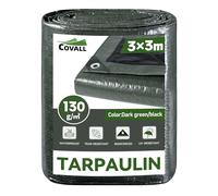 COVALL Tarpaulin 3mx3m waterproof Medium-Duty Tarp 130GSM UV-Resistant/Tear Resistant Dark green/black large tarpaulin with Reinforced Eyelets groundsheet for camping OutdoorGarden/Pool/roof/Car Cover