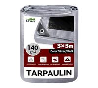 Covall Tarpaulin waterproof Heavy Duty Tarp Groundsheet 3x3m Sheet Cover with eyelets 140g/m² Silver/Black Multipurpose for roof pool cars truck Rv champing tent building garden pet shed Tarp
