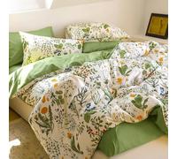 Covebett Bed Linen Cotton 155 x 220 cm Green Flowers Colourful Flowers Small Floral Pattern Duvet Cover Set Aesthetic Botanical Flower Meadow Floral Pattern Duvet Cover Zip and Pillowcase 80 x 80 cm