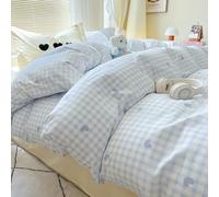 Covebett Blue Heart Duvet Cover Single Gingham Plaid Checkered Heart Print Kawaii Bedding Set Kids Girls Cute Love Microfiber Comforter Cover 135x200 cm with Zipper Closure and 1 Pillowcase 50x75 cm
