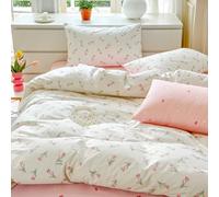 Covebett Cotton Duvet Cover King Size White Pink Floral Flower Tulip Reversible Bedding Set Aesthetic Cute Girl Quilt Cover 220x230 cm with Zipper Closure and 2 Pillowcases 50x75 cm