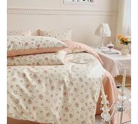 Covebett Duvet Cover Double Beige Pink Floral Flowers Botanical Meadow Reversible Bedding Set Pink Flower Print Microfiber Comforter Cover 200x200 cm with Zipper Closure and 2 Pillowcases 50x75 cm