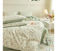 Covebett Duvet Cover Double Green White Floral Leaves Flowers Meadow Reversible Bedding Set Leaf Flower Print Microfiber Comforter Cover 200x200 cm with Zipper Closure and 2 Pillowcases 50x75 cm