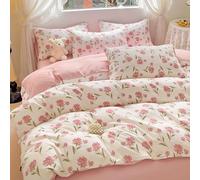Covebett Duvet Cover Double Pink White Floral Flowers Botanical Meadow Reversible Bedding Set Pink Flower Print Microfiber Comforter Cover 200x200 cm with Zipper Closure and 2 Pillowcases 50x75 cm