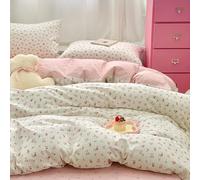Covebett Duvet Cover Double White Pink Floral Flowers Botanical Meadow Reversible Bedding Set Flower Striped Print Microfiber Comforter Cover 200x200 cm with Zipper Closure and 2 Pillowcases 50x75 cm