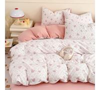 Covebett Duvet Cover Sets Single White Pink Hearts Bows Leaves Print Romantic Microfiber Bedding Set Love Heart Aesthetic Girls Women Quilt Cover 135x200 with Zipper Closure and 1 Pillowcase 50x75 cm