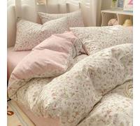 Covebett Floral Duvet Cover 100% Cotton Single White Pink Flowers Leaves Meadow Breathable Cotton Bedding Set Aesthetic Comforter Cover 135x200 cm with Zipper Closure and 1 Pillowcase 50x75 cm