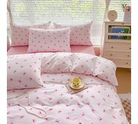 Covebett Pink Duvet Cover Sets King Bed Pink Bows Red Hearts Print Microfiber Bedding Set Cute Aesthetic Girls Women Bow Bowknot Quilt Cover 220x230 with Zipper Closure and 2 Pillowcases 50x75 cm