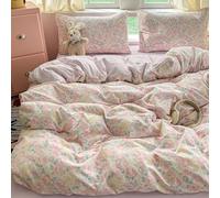 Covebett Pink Floral Duvet Cover Double Pink Flowers Meadow Reversible Bedding Set Girls Flower Print Botanical Washed Microfiber Comforter Cover 200x200 with Zipper Closure and 2 Pillowcases 50x75cm
