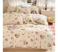 Covebett Pink Floral Duvet Cover Single Beige Pink Flowers Meadow Bedding Set Retro Green Leaf Botanical Washed Microfiber Comforter Cover 135x200 cm with Zipper Closure and 1 Pillowcase 50x75 cm