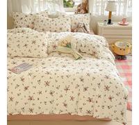 Covebett Red Floral Duvet Cover Single Beige Red Flowers Meadow Bedding Set Retro Botanical Aesthetic Washed Microfiber Comforter Cover 135x200 cm with Zipper Closure and 1 Pillowcase 50x75 cm