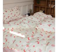 Covebett Single Bed Duvet Cover Sets Cotton Pink Flowers Floral and Red Cherry Print Bedding Set 2pcs Botanical Aesthetic Girls Women Quilt Cover 135x200 with Zipper Closure and 1 Pillowcase 50x75 cm