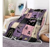 Coveimes Halloween Patchwork Flannel Throw Blanket, Purple Pink Witch Bat Skull Spider Plaid Cozy Decor Blanket for Couch Bedroom Camping, for Halloween Fans Women Kids,50X60 Inch