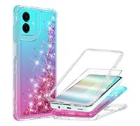 Cover for Samsung Galaxy A07 Case with Tempered Glass Film [1 Pack], Diamond Glitter Soft Silicone 360 Degrees Shockproof Soft TPU Protection Case - Sky Blue + Red Pink