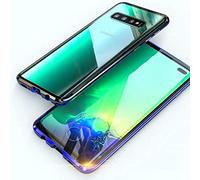 Cover for Samsung Galaxy S10+ Case Magnetic Adsorption Metal Bumper Frame Transparent Tempered Glass Full Body Screen Front and Back 360 Degrees Protection Slim One-Piece Design Flip Cover,Blue