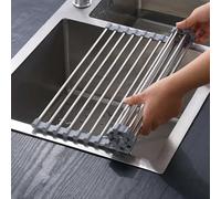 Cover Key 43 x 35 cm Foldable Removable Stainless Steel Over Sink Kitchen Dish Drainer Mat Organizer for Cups, Fruits, Vegetables