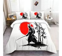 Cover Set Double, 3 Piece Ancient Japanese Samurai Print Bedding Set White and black Print Duvet Set Soft Quilt Cover with 2 Pillowcases, for Double Bed 79" x 79"