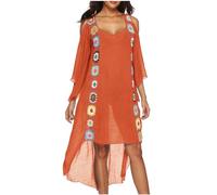 Cover Ups for Women UK Cold Shoulder V Neck Beachwear Crochet Beach Dress Bikini Coverup Sexy Swimsuit Bathing Suit Summer Sleeveless Sundress Tops Ladies Sale Clearance Orange