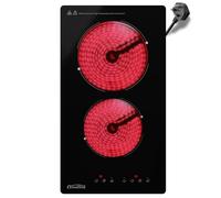 COVERCOOK Plug in Ceramic Hob 2 Zone, Built-in Electric Hob 30cm with Touch Control, Domino Portable Electric Ceramic Hob 2 Ring, 3000W, 9 Power Levels, Timer, Residual Heat Indicator, Black