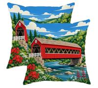 Covered Bridge Throw Pillow Covers Set of 2, Scenic Rustic Flowers Trees Summer Red with Hidden Zipper Pattern Pillow Covers for Living Room Bed Office Sofa Chair Decor 18x18 Inch