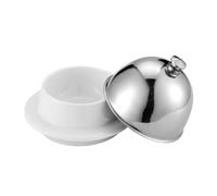 Covered Butter Plate Ceramic Server with Stainless Steel Dome Lid | Small Tray for Breakfast Table, Cheese Presentation, Dessert Service, 9.5 X 7.5 Cm
