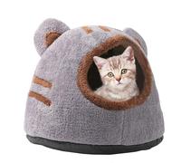 Covered Cat Bed Warm Removable Cat House Indoor with Cushioned Pillow Semi-enclosed Beds for Indoor Cats Fluffy Cute Bear Head Kitten Bed for cats within 3.5kg S
