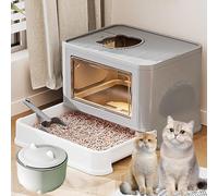 Covered Drawer Type Kitty Potty, High-Sided Cat Litter Pan with Scoop, Large Cat Litter Trays, with Trash Can, Free in Out(Gray)