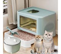 Covered Drawer Type Kitty Potty, High-Sided Cat Litter Pan with Scoop, Large Cat Litter Trays, with Trash Can, Free in Out(Green)