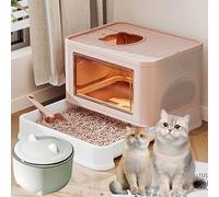 Covered Drawer Type Kitty Potty, High-Sided Cat Litter Pan with Scoop, Large Cat Litter Trays, with Trash Can, Free in Out(Pink)